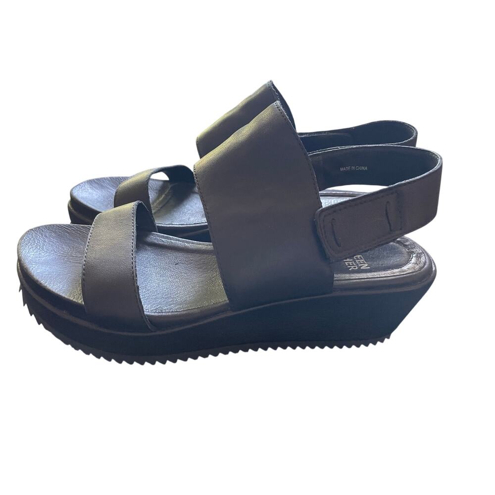 EILEEN FISHER Kanza Tumbled Leather Platform Wedge $210 Sandals Black Women’s 6